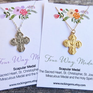 Scapular Four-Way Medal Necklace Sterling Silver or 18k Gold Vermeil vintage replica Catholic scapular cross 18&quot; MED-05-NECK