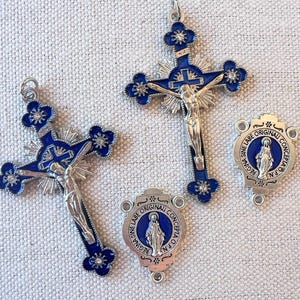 2 sets Enamel Rhinestone Rosary Crucifix with 2-sided Miraculous Medal centerpiece large 2" Silver tone Blue Enamel crucifix SET101-MM-B