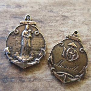 1pc Stella Maris Star of the Sea Pure Bronze medal oxidized 19mm x 25mm vintage replica French Catholic pendant Marseille MED61-B