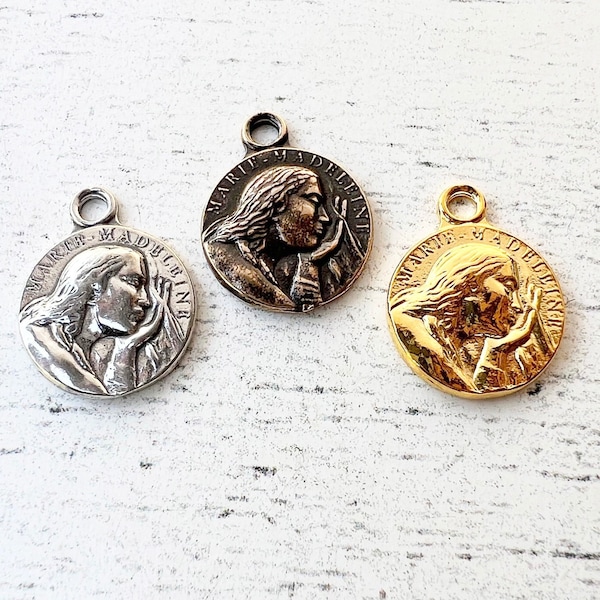 1pc Mary Madeleine (Mary Magdalene) Saint Baume medal Sterling Silver, Bronze or Gold plate vintage French replica Catholic pendant MED92