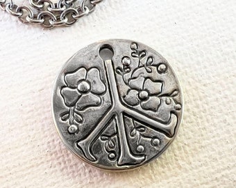 Boho Peace Sign pendant Sterling Silver 20mm round oxidized silver floral funky boho chic hippie 60s peace symbol PEACE10