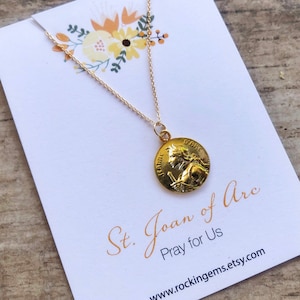 Joan of Arc Necklace 18k Gold plate shiny or matt finish vintage replica Catholic Saint Medal 18&quot; gold fill cable chain MED109-G-NECK