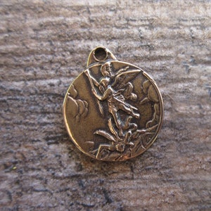 St. Michael the Archangel medal Pure Bronze charm oxidized 17mm round vintage reproduction Catholic pendant MED78-B