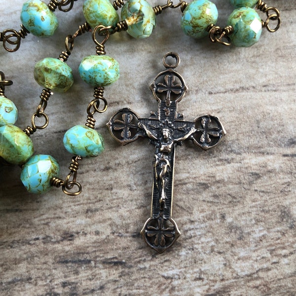 Crucifix Pendant Pure Bronze 26mm x 43mm Vintage reproduction Catholic pendant Rosary cross with 3 leaf clover bronze cross CR504-B