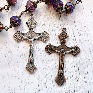 2&quot; INRI Crucifix Pendant with roses sterling silver or bronze Vintage reproduction Catholic pendant Rosary cross with flowers CR530
