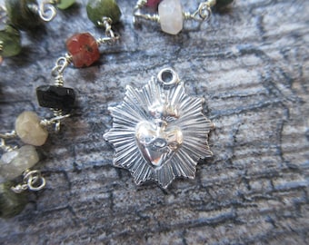 1pc Radiant Sacred Heart of Jesus medal Sterling Silver 15mm x 15mm vintage replica Catholic charm silver sacred heart MED21