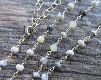 Gray Black and White Jasper stone Rosary Chain Necklace with lobster clasp silver wire work and clasp adjustable length 18-20 ROSARY-JAS8