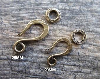 Pure Bronze Hook & Eye Clasp 2pc Artisan style hammered finish oxidized bronze clasp choose length HC-104-B