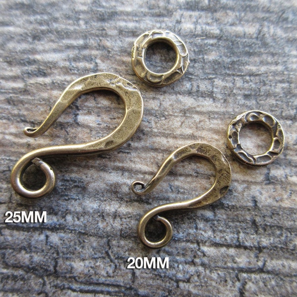 Pure Bronze Hook & Eye Clasp 2pc Artisan style hammered finish oxidized bronze clasp choose length HC-104-B