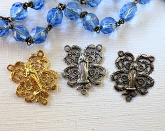 Virgin Mary Rosary Centerpiece lacy pattern Gold/Sterling Silver/Silver Pl/Bronze Vintage reproduction ornate Catholic Rosary part RC122