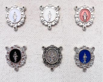 1pc Enameled rosary centerpiece 2-sided silver tone Miraculous medal, white, red, black, silver tone, blue
