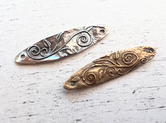 Rustic Artsy swirls bracelet connector Sterling Silver or Bronze artisan style 35mm x 10mm Rustic boho connector botanical leaves CONN104