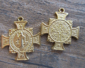 1pc Jubilee Medal of St. Benedict Gold Vermeil 23mm x 26mm Vintage replica cross medal gold plated sterling Catholic pendant 2 sided MED06-V