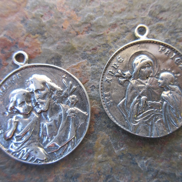 1pc St. Joseph St. Anne pendant Sterling Silver oxidized 24mm round vintage reproduction 2-sided Catholic pendant MED15