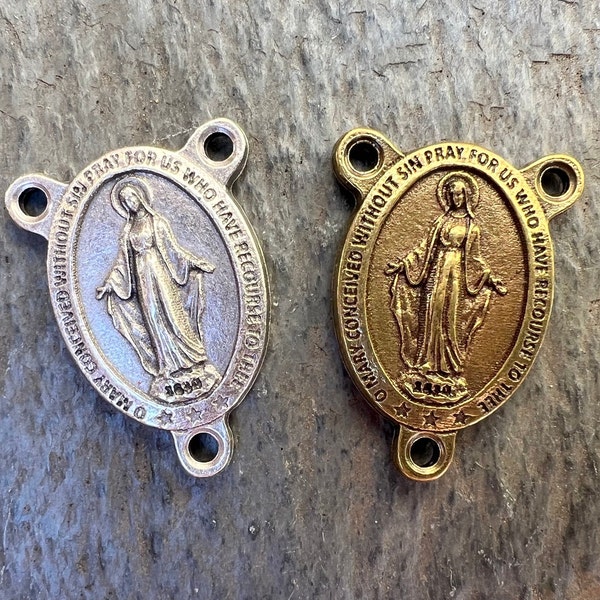 3pc Miraculous Medal Rosary Centerpiece Antique Silver tone or Antique Brass tone 2-sided Connector 1" length Made in Italy RC-5