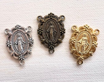 2pc Miraculous Medal Rosary Centerpiece Silver tone/Gold tone/Antique Brass tone 2-sided Connector 1.25" length Made in Italy ITL-RC1