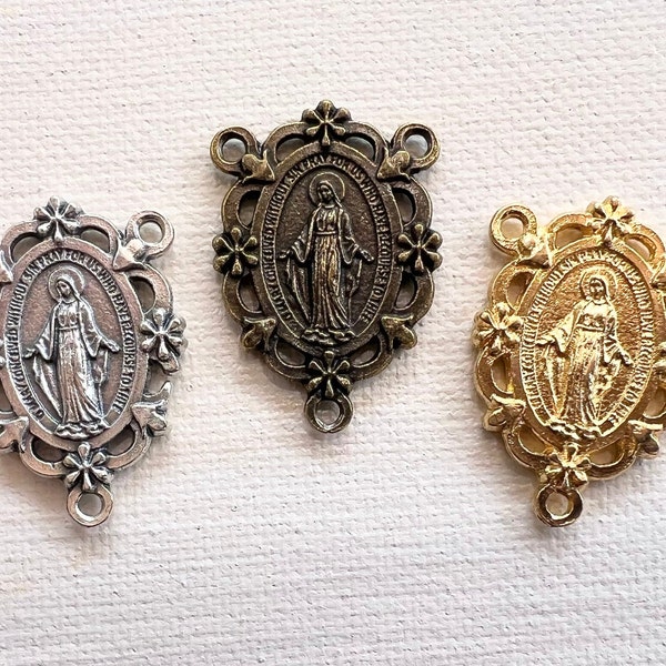 3pc Miraculous Medal Rosary Centerpiece Silver tone/Gold tone/Antique Brass tone 2-sided Connector 1.25" length Made in Italy ITL-RC1