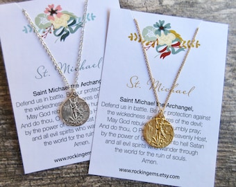 St. Michael the Archangel Necklace Sterling Silver or 18k Gold Plated Bronze Matt finish vintage replica Catholic Saint Medal MED78-NECK