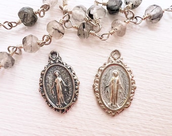 1pc Miraculous Medal Sterling Silver charm bracelet charm vintage replica Catholic pendant Mother Mary medal oxidized or bright silver MED11