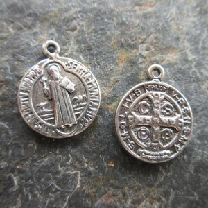 1pc St. Benedict medal Sterling Silver 925 oxidized 15mm round Vintage reproduction Catholic Cross Medal 2 sided MED56