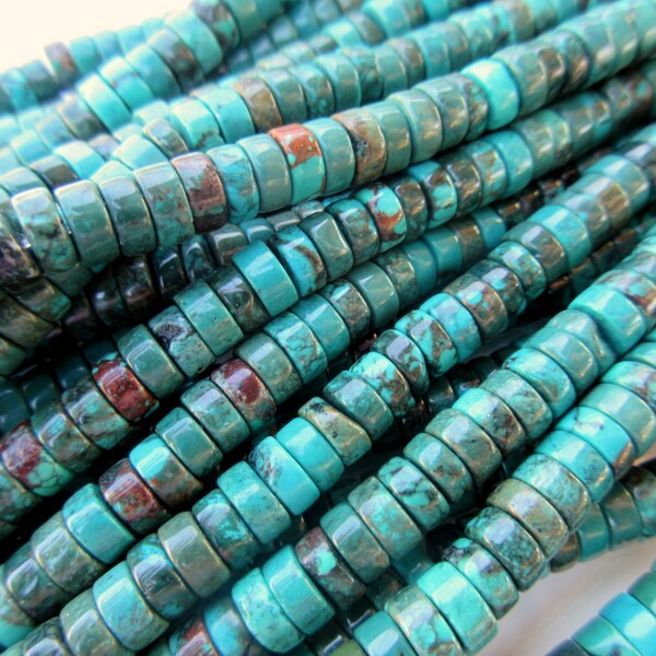 6mm Genuine Turquoise Heishi beads smooth dark blue green teal color with brown and black matrix full strand 15.5 inches (T200))