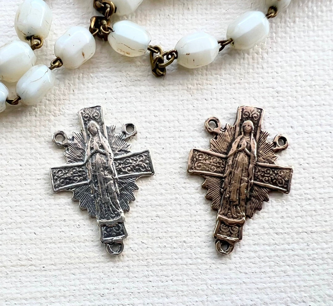 1pc Rosary Centerpiece Virgin Mary and Sacred Heart 27mm Vintage