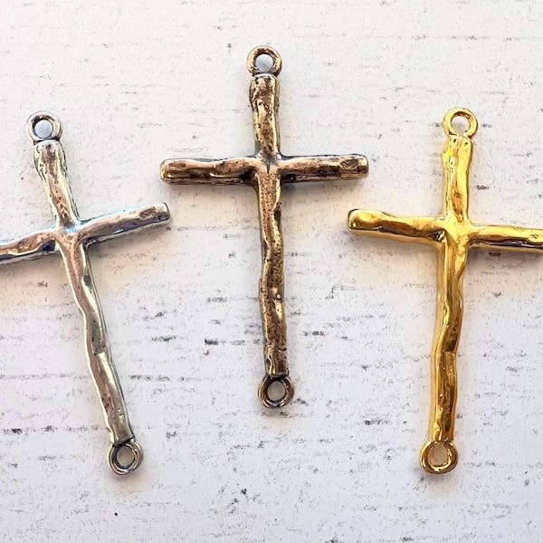 1pc Rustic Connector Cross hammered wavy finish Sterling Silver/Bronze/Gold Plate 35mm x 20mm Christian artisan style boho cross CRCONN01