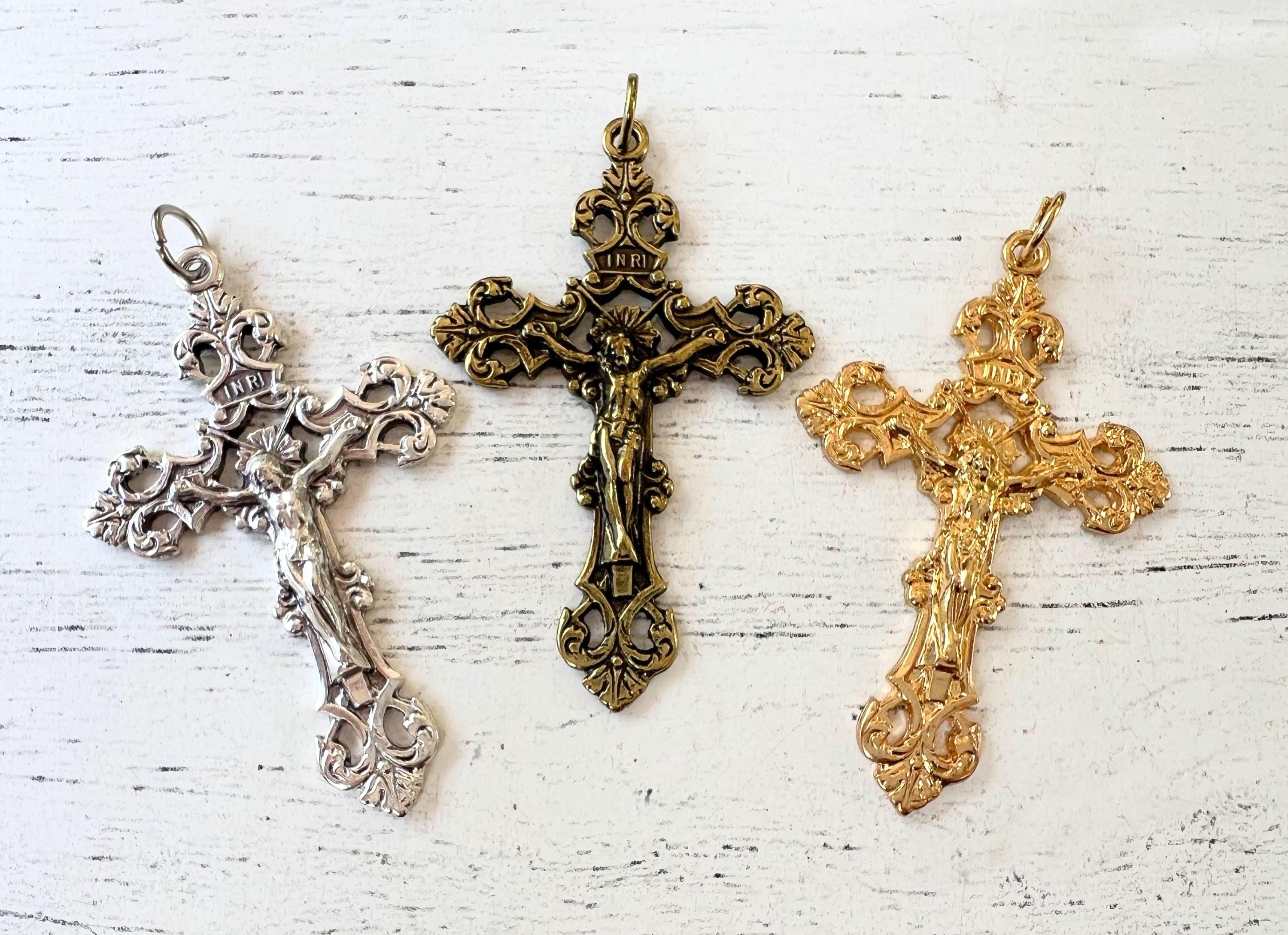 2pc Ornate Fleur de lis Crucifix Rosary cross large 2.25" Silver tone/Gold tone or Antique Brass tone Cross Pendant Made in Italy ITL-CR5