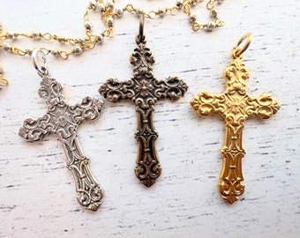 Ornate cross pendant beautiful scroll detail Sterling Silver/Bronze/Gold Plate 23mm x 39mm vintage reproduction rosary cross C156