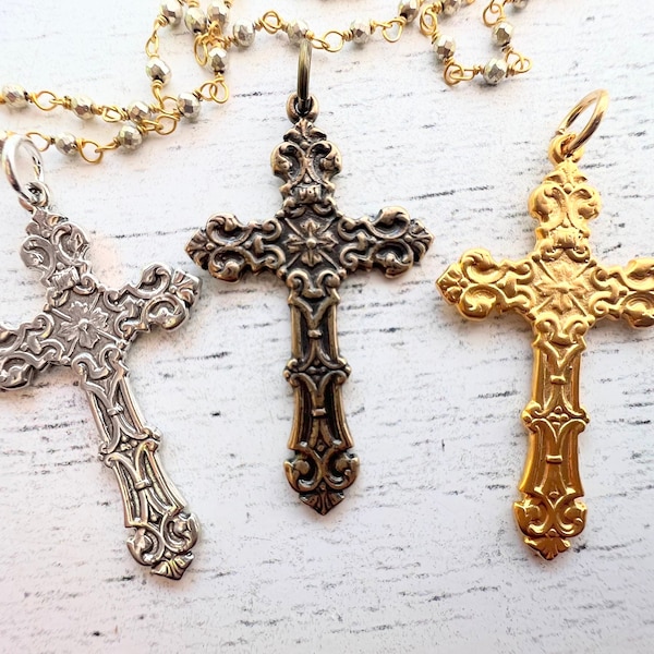 Ornate cross pendant beautiful scroll detail Sterling Silver/Bronze/Gold Plate 23mm x 39mm vintage reproduction rosary cross C156