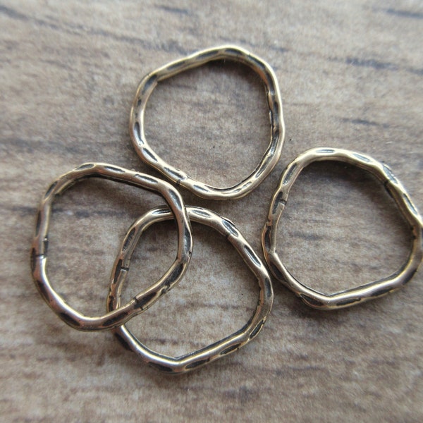 4pc Pure Bronze artisan style "O" Rings 15mm rustic hammered bronze rings, charm holder, floating ring, connector ring OR-02-B