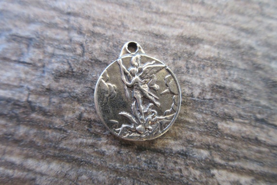 St. Michael the Archangel pendant Sterling Silver 925 charm oxidized 17mm round vintage reproduction Catholic medal MED78
