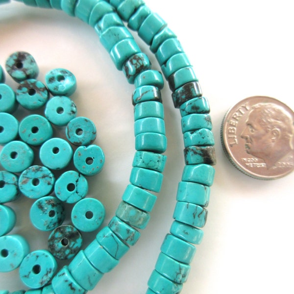 6mm x 3mm stabilized Turquoise Heishi beads smooth aqua blue color with black inclusions 1/4 strand 3.625" (T114)