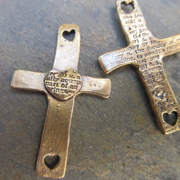 Rustic Connector Cross 100% solid Bronze with heart 38mm x 23mm rustic Christian artisan cross boho chic CRCONN-05