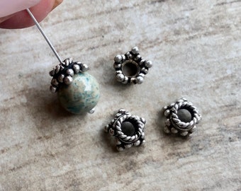 4pc Sterling Silver Bali Bead Caps Oxidized star shape 8mm or 7mm ornate bead caps silver bead caps large hole BALI-BC