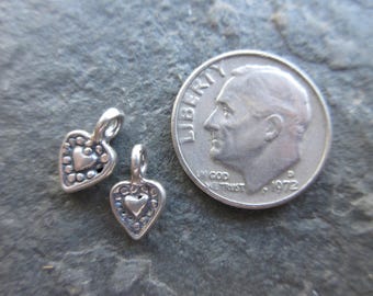 2pc Heart dangle charm Sterling Silver with bail oxidized finish 5mm x 9mm bracelet charm boho chic dotted pattern artisan style H142