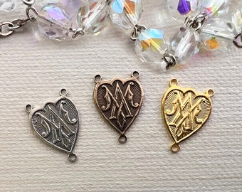 Auspice Maria Rosary Centerpiece Sterling Silver/Bronze/Gold Vintage reproduction Catholic Rosary part heart shape Ave Maria RC101