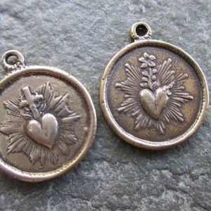 1pc Sacred Heart of Jesus/Immaculate Heart of Mary 2-sided medal 21mm round Pure Bronze vintage replica Catholic pendant MED77-B
