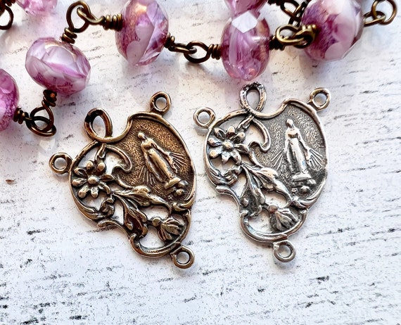 Ornate Rosary Centerpiece Virgin Mary and flowers Sterling Silver or Bronze 19mm x 26mm Vintage reproduction Catholic Rosary part RC141