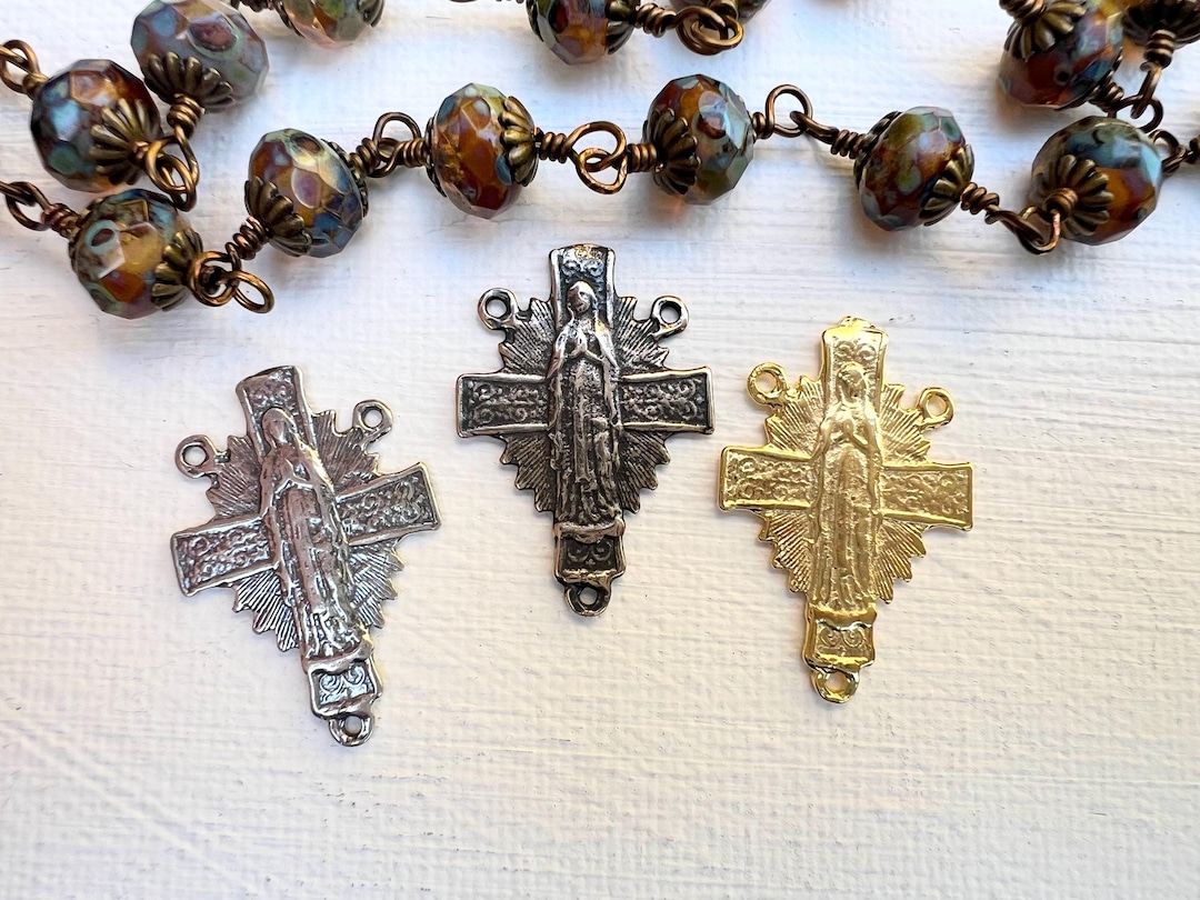 1pc Rosary Centerpiece Virgin Mary and Sacred Heart 27mm Vintage