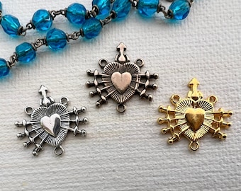 Lady of Sorrows Rosary Centerpiece Sterling Silver/Bronze/Gold Vintage reproduction Catholic Rosary part heart shape with swords RC111