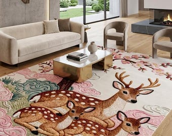 Alfombra de lana tejida a mano con diseño de familia de ciervos / Decoración infantil con temática de bosque / Alfombra personalizada inspirada en la naturaleza / Suave complemento para la habitación del bebé y la sala de estar.