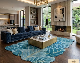 Hand Tufted Wool Leaf Rug, Tropical Botanical Area Rug for Living Room, Modern Teal Blue Statement Rug, Organic Shaped Art carpet.