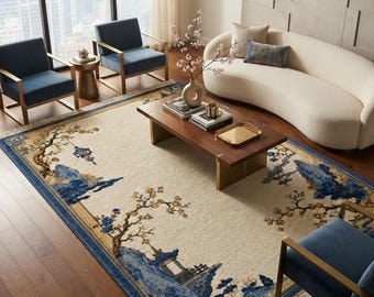Alfombra de lana de lujo anudada a mano – Alfombra oriental tradicional azul y crema – Elegante decoración de estilo chinoiserie para sala de estar – Hecha a mano por artesanos.