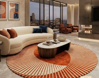 Modern Round Rug, Hand-Tufted Terracotta Geometric Area Rug, Mid-Century Modern Living Room Carpet, Sunburst Pattern.