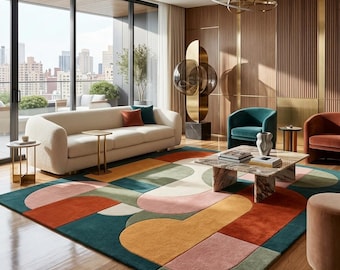 Modern Abstract Geometric Area Rug - Hand-Tufted Wool Carpet for Living Room - Mid-Century Modern Floor Art - Custom Size Colorful Rug.