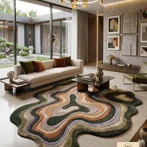 May include: An area rug with an irregular, organic shape featuring concentric, wavy bands of color in shades of forest green, sage, tan, cream, and muted lavender. The rug has a textured, tufted pile and is placed on a light-colored speckled floor.