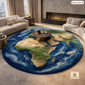 May include: A large, circular area rug featuring a detailed, textured map of the Earth. The design displays deep blue oceans with white swirling cloud patterns and raised, multi-tonal green and tan landmasses representing continents.