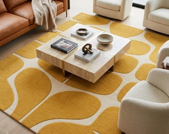 Tapete de lã tufado à mão | Tapete geométrico abstrato moderno em amarelo mostarda | Tapete personalizado para sala de estar | Decoração moderna de meados do século | Tapete grande.