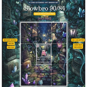 Pode incluir: Um conjunto de 9 cartas com arte estendida para fichário apresentando Slowbro 90/84, uma Special Illustration Rare da série Mega Evolution Pitch Black. O arquivo PDF digital exibe uma cena de rua escura e mágica com cristais roxos.